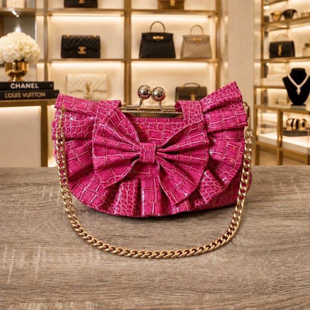 ✨ STUNNING HOT PINK BRAND CROC STATEMENT BOW KISSLOCK BAG ✨
